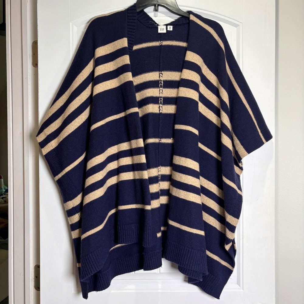 Gap Stripe Poncho Women One Size Navy Tan Wool Blend Open Front Knit